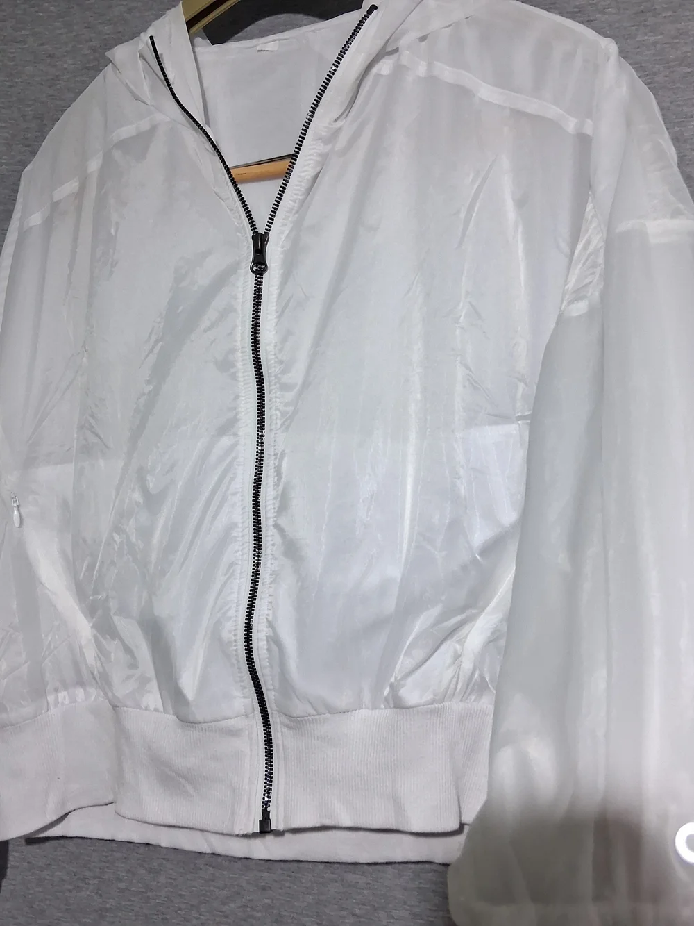 Alo White Hooded Bomber Jacket with Black Contrast Zip